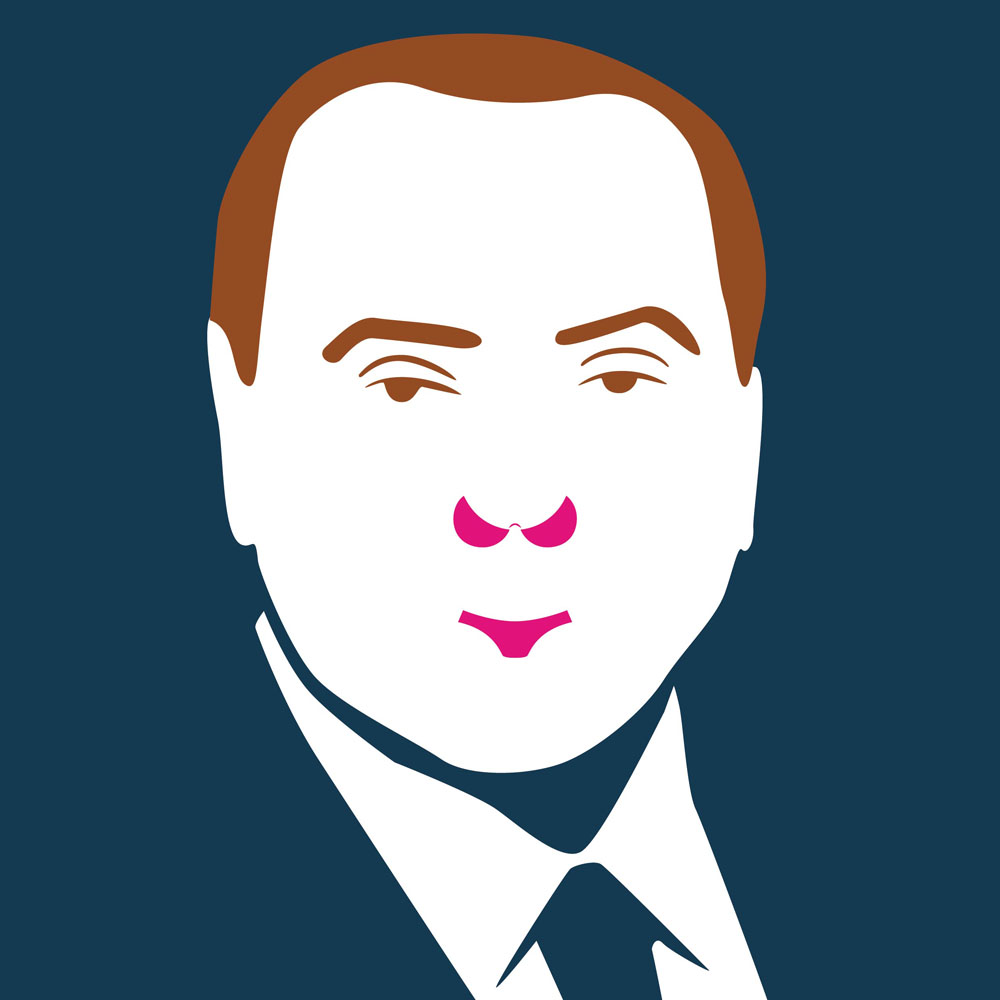 Portrait of Silvio Berlusconi with a mouth and nose shaped like panties and a bra