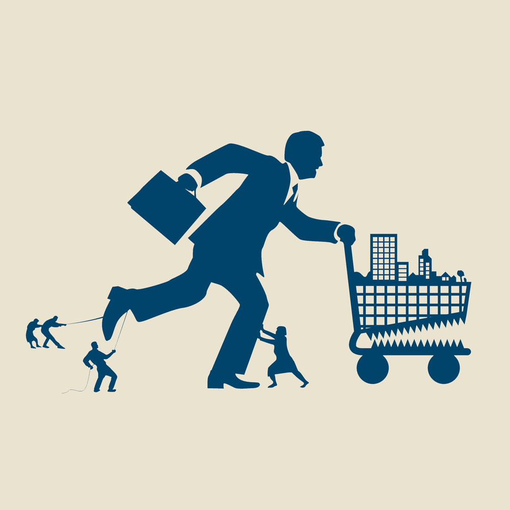 An executive runs with a shopping cart full of houses. People stop him.