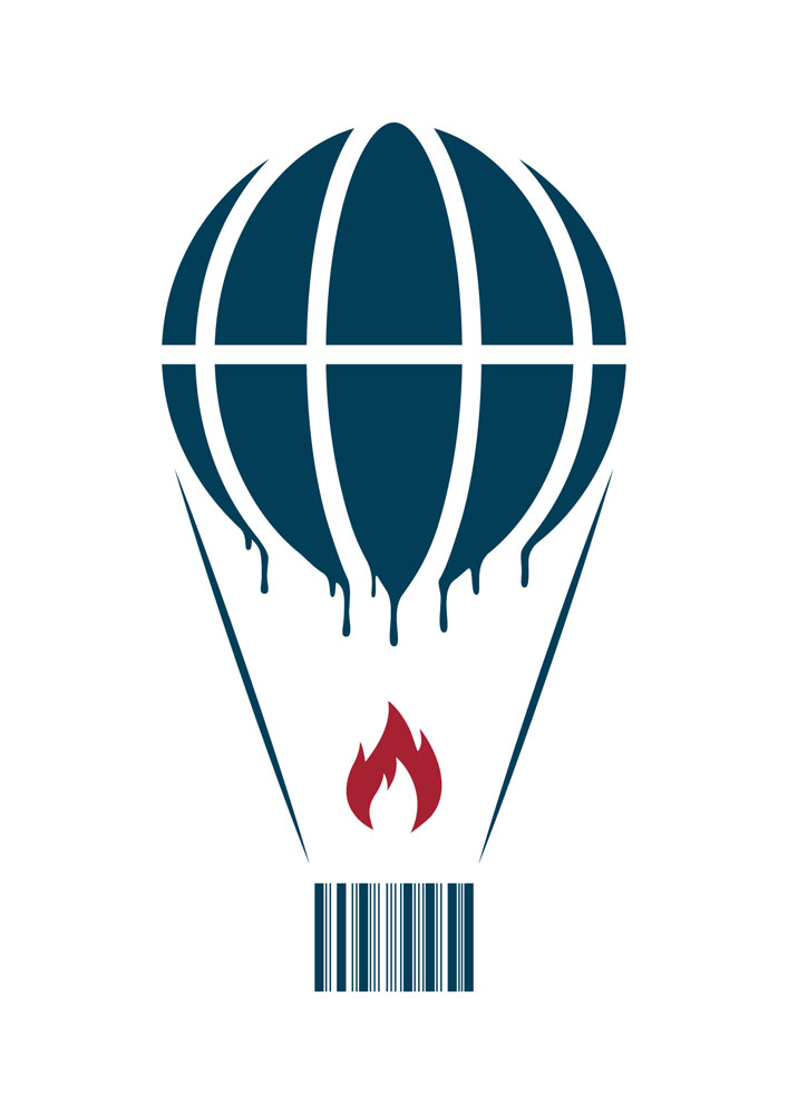 Earth globe as a hot air balloon melts while carrying a barcode