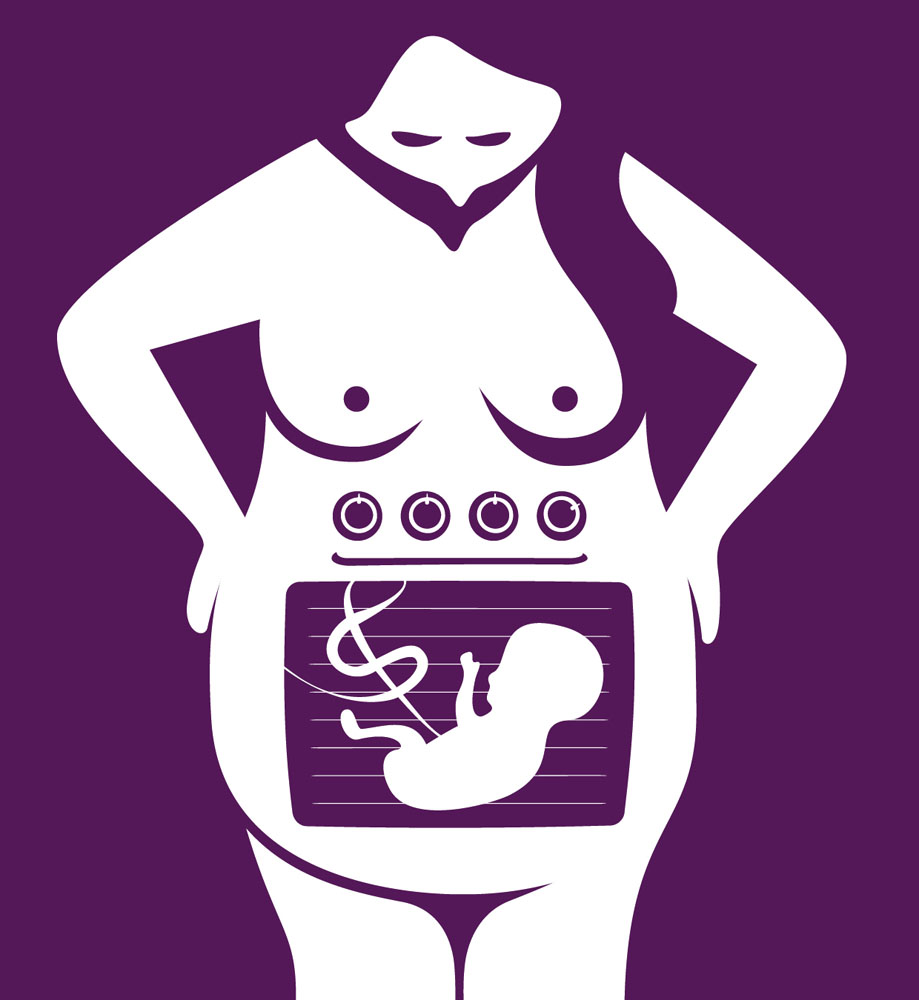 Woman with an oven on her belly. Inside the oven a fetus. The umbilical cord forms the dollar sign