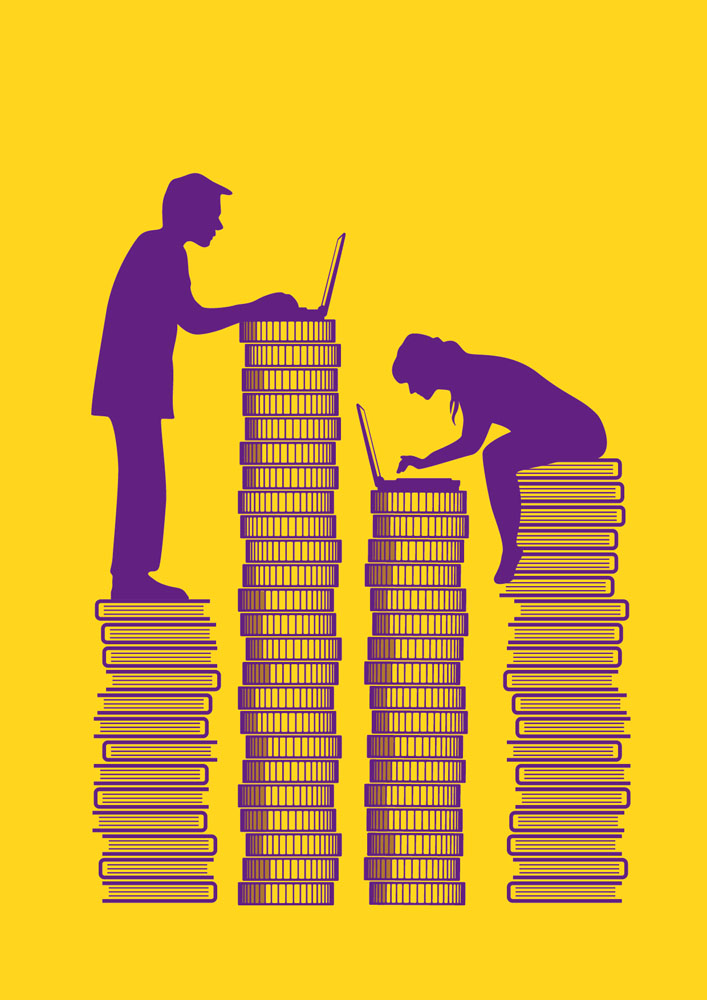 Man and woman working on a stack of coins and books. The man earns more money while she accumulates more knowledge