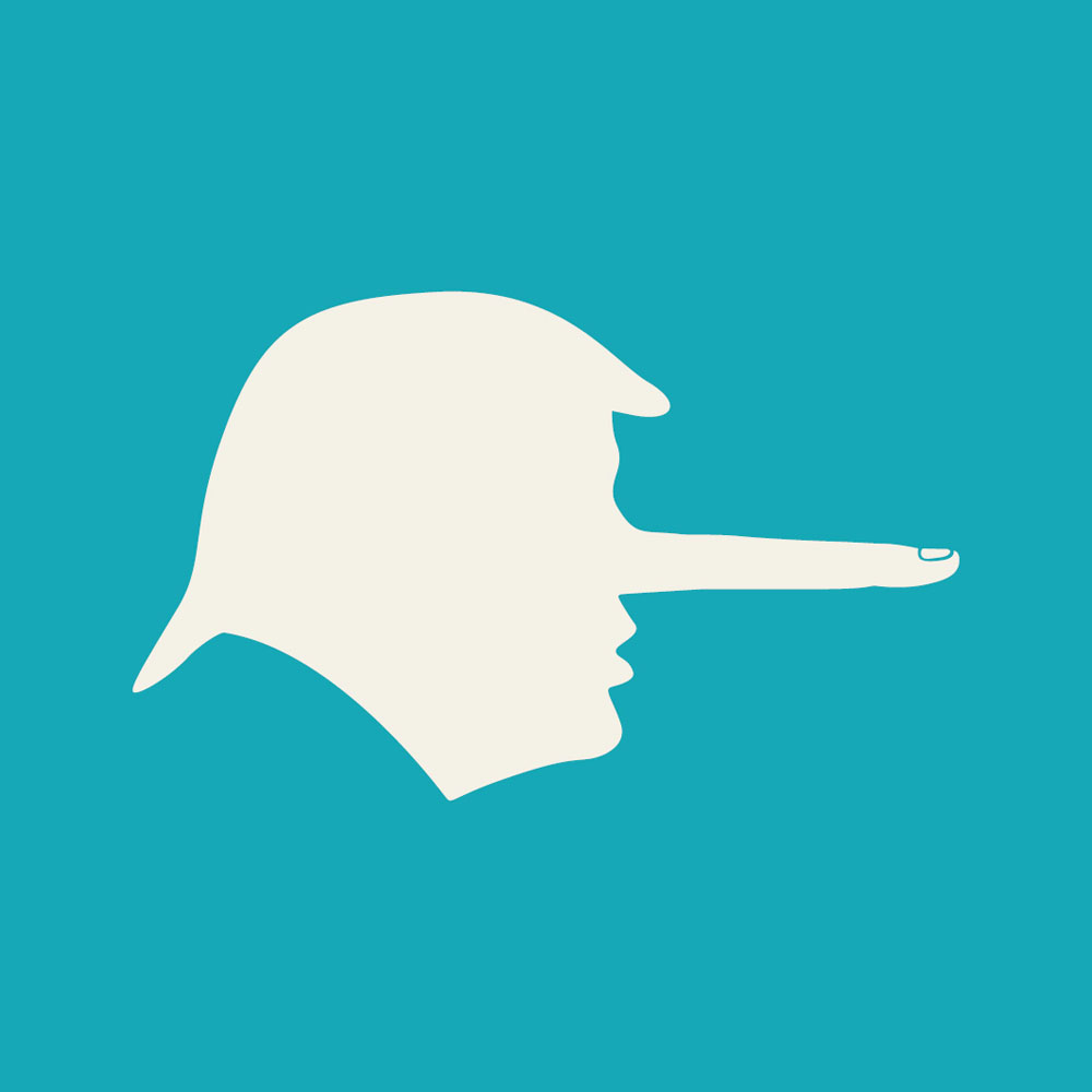 Trump with a finger-shaped pinocchio nose pointing at others