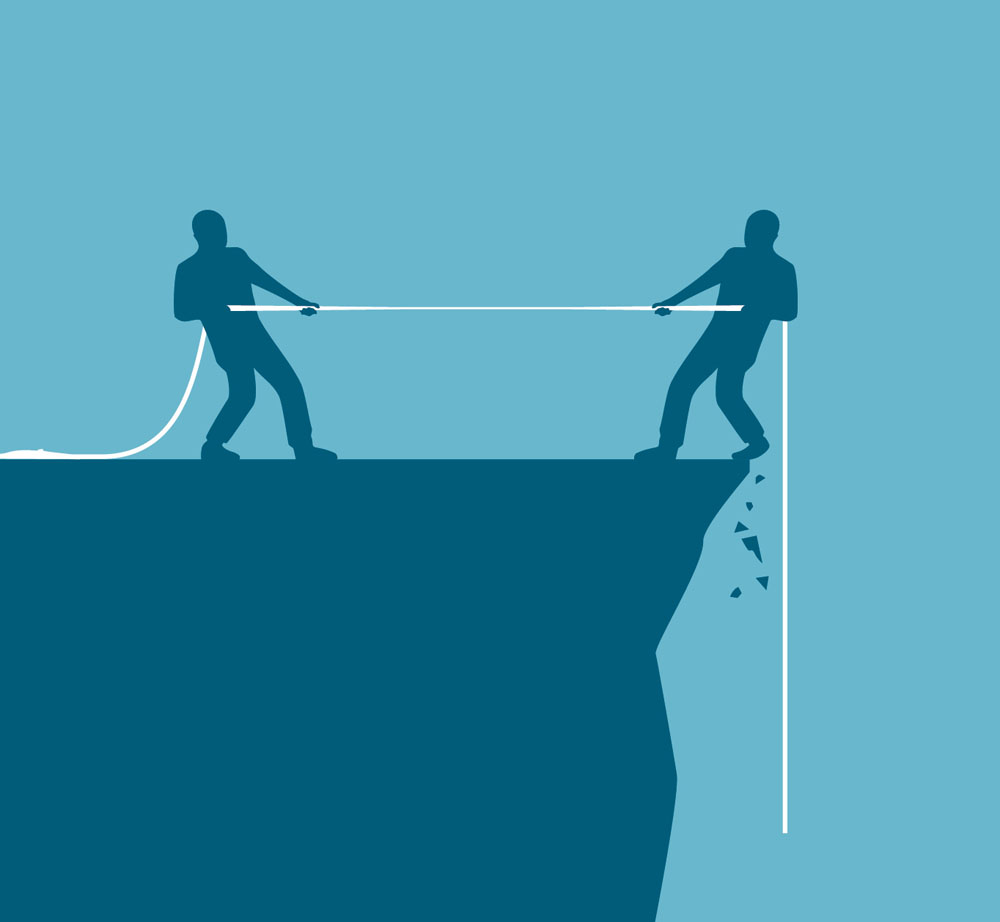 Two men stretch on both ends of a rope. If the one on the right wins, he will fall off the cliff.