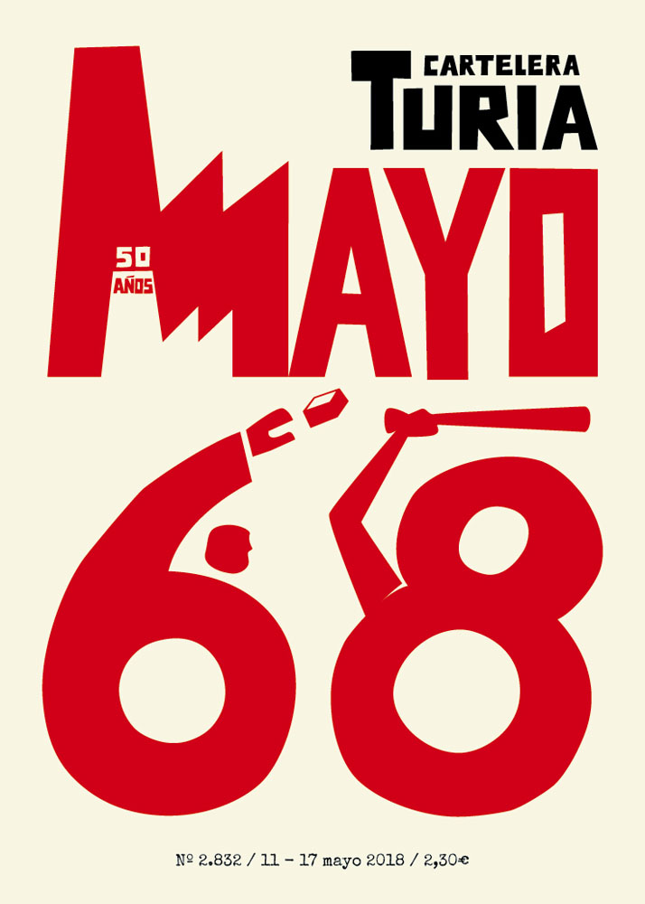 Typographic design with the letters May 68. May is a factory. 6 is a cop that hits 8, which represents a protester.