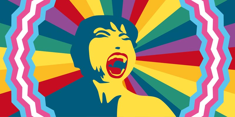 Trans woman screaming. Waves form the LGBTQ+ flag - Transgender women, journeys, intersections and gender-based violence
