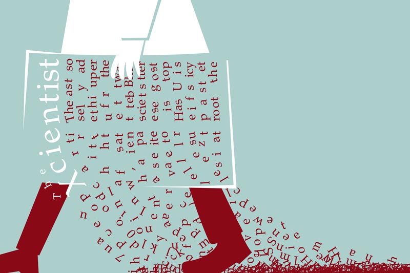 A scientist carries a magazine from which the letters fall