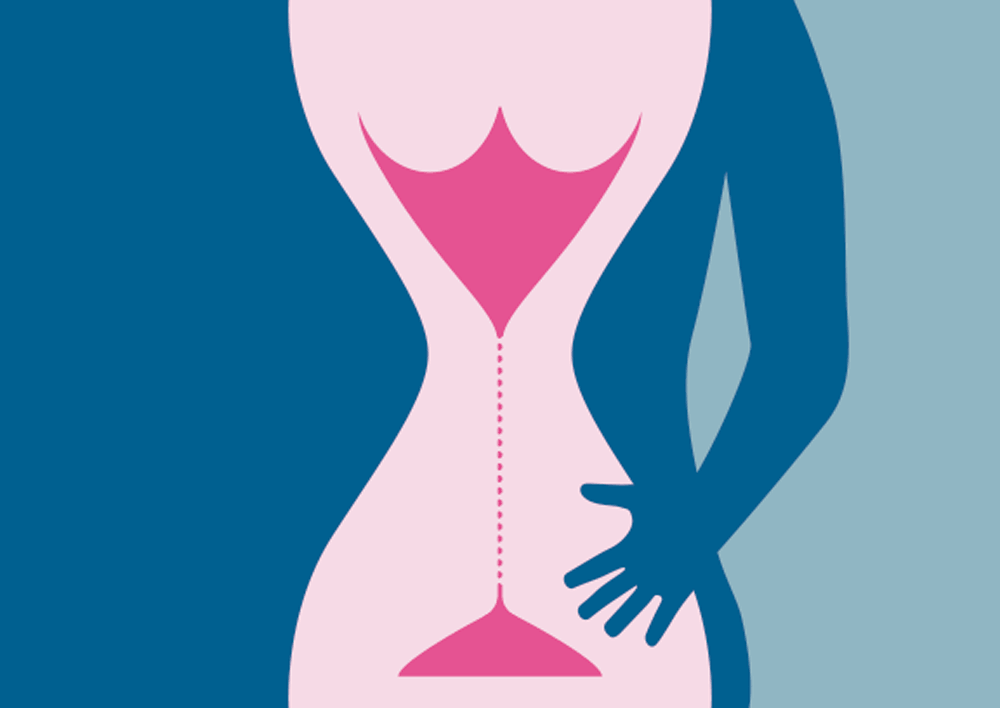 A man hugging an hourglass shaped like a woman's body.